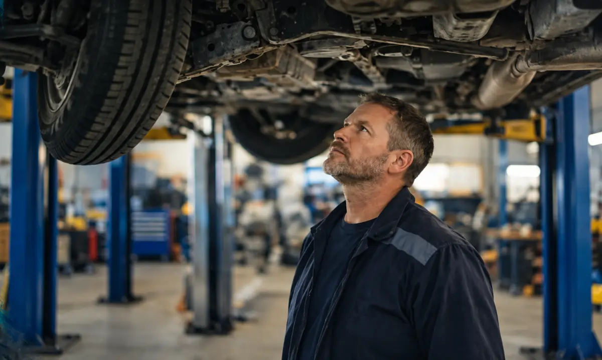 Mechanic inspecting the underside of a car on a lift in a repair shop.