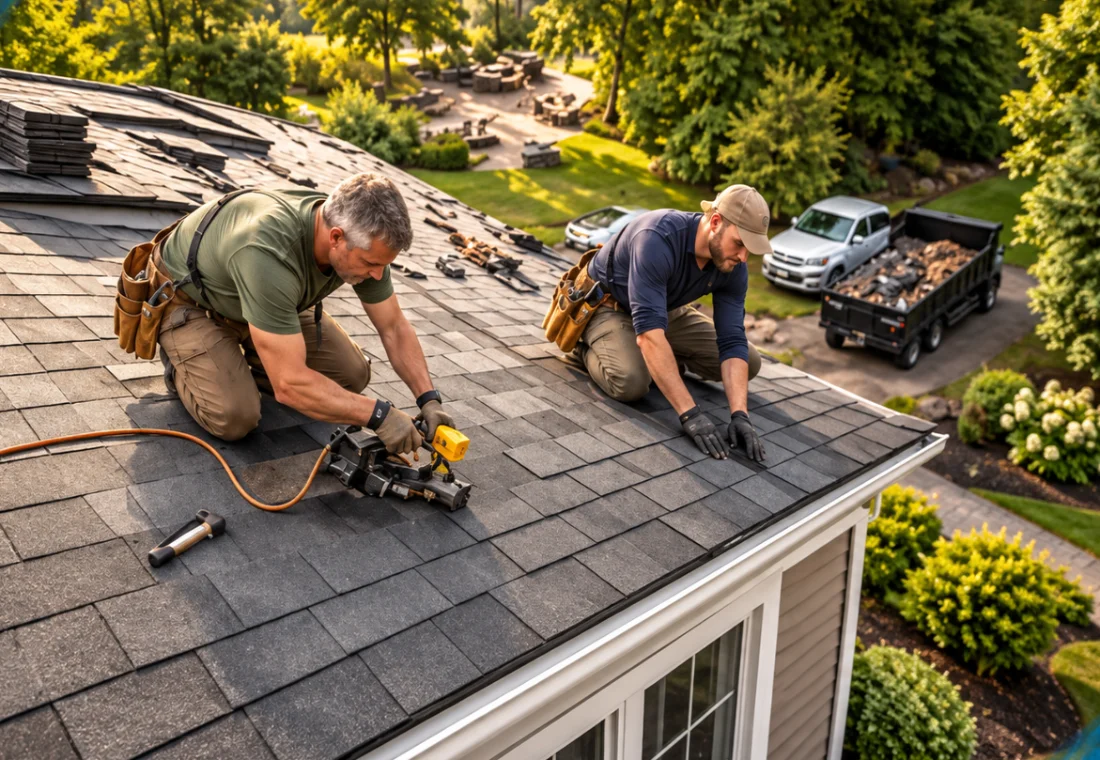 Two roofers working on a house